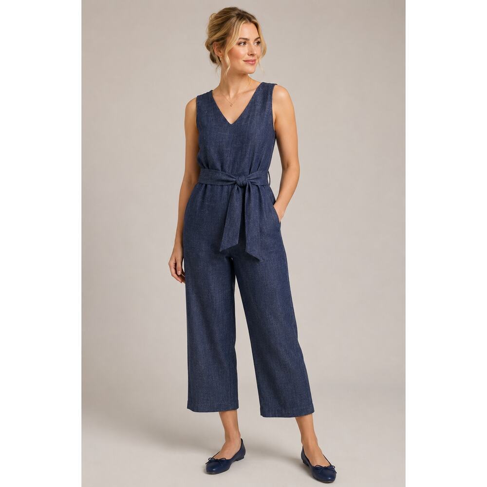 Connected Apparel Women’s Jumpsuit Size 4 Blue Belted Wide Leg Cropped Romper